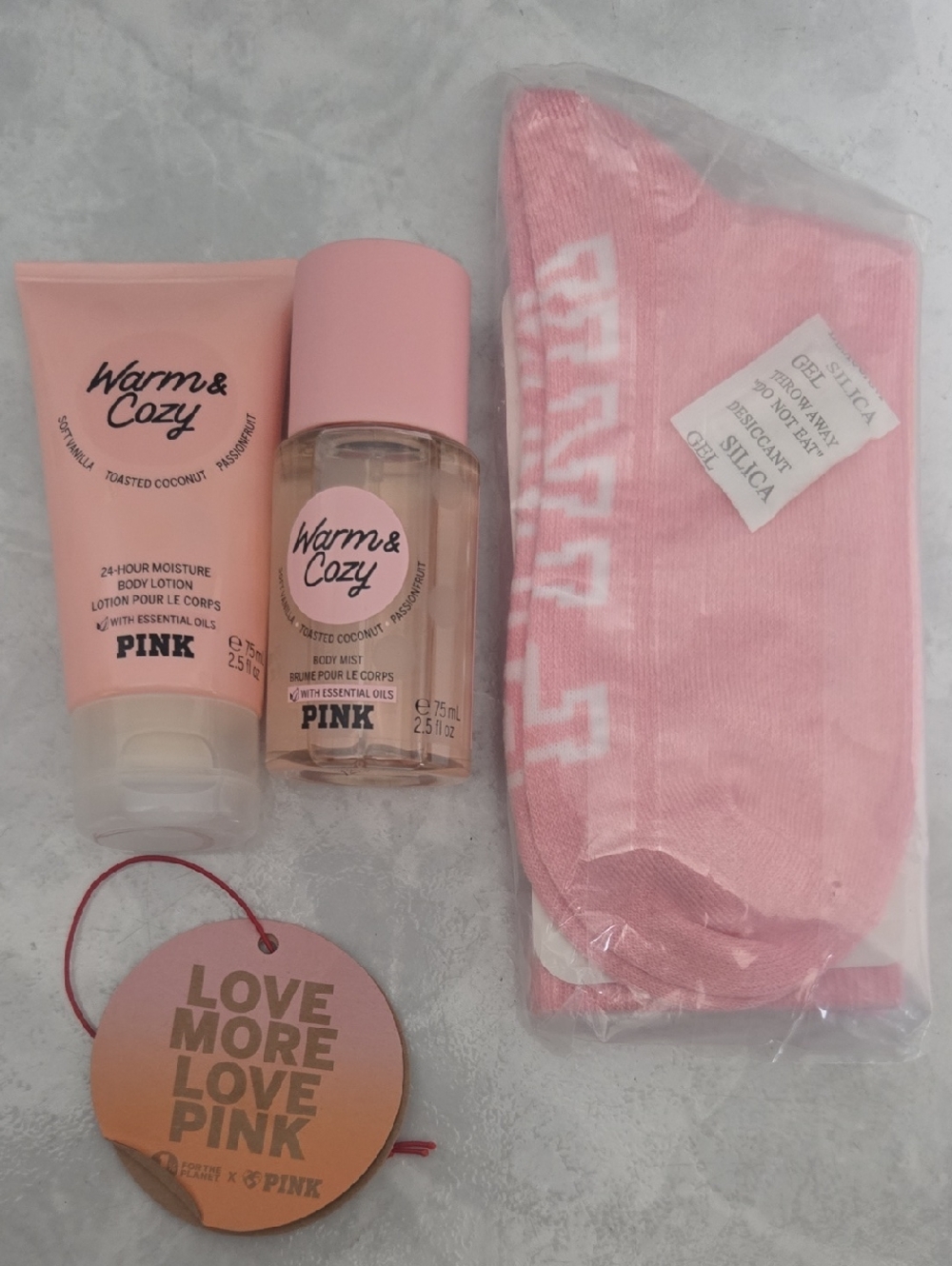 PINK Victoria's Secret Warm & Cozy Body Lotion, Mist & Pink Socks Gift Set